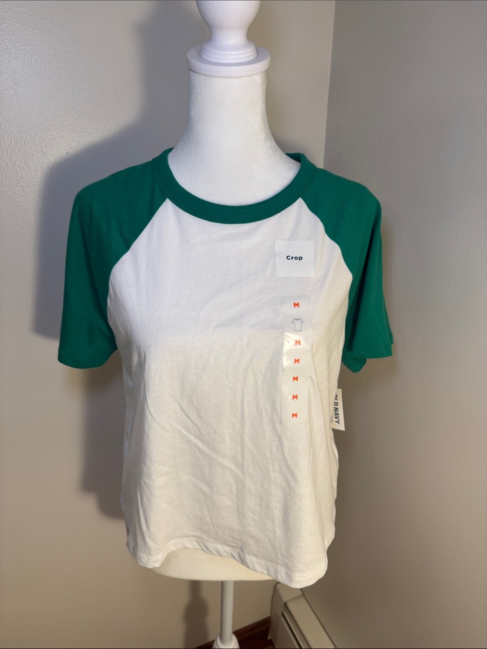 Old Navy Green and White Raglan Crop Tee